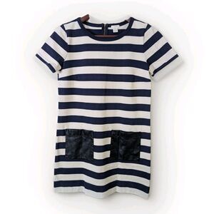 J.Crew Factory Dress Womens XS Tan Blue Stripe Mini Shirt Dress Preppy Pockets